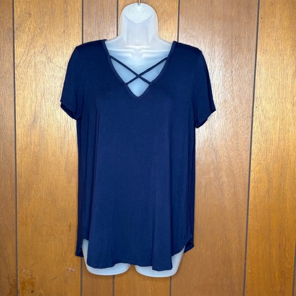 Emory Park Top Womens L Navy Criss Cross V-Neck USA Y2K Minimalist Soft Stretchy - Picture 1 of 9